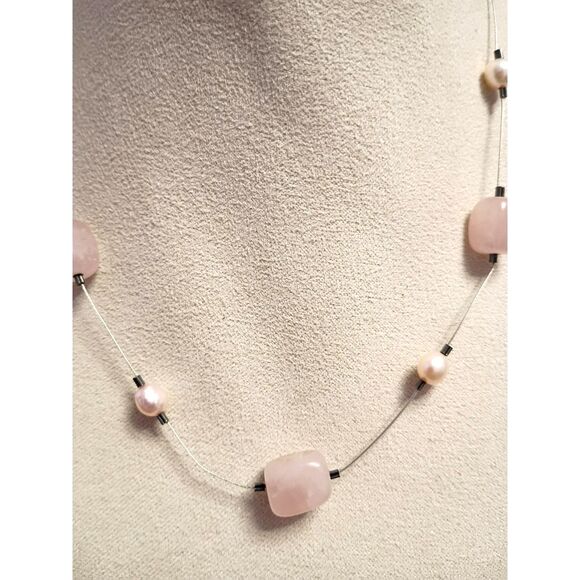Vintage Designer Silpada 925 Silver Collar Necklace Rose Quartz Freshwater Pearl - Picture 2 of 6